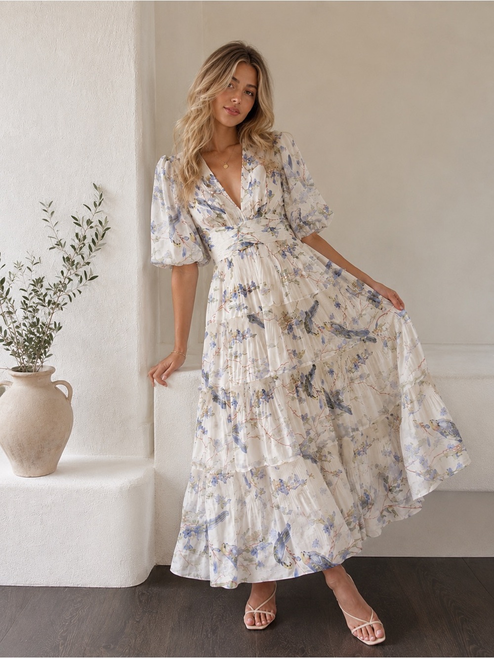 Zimmermann Natura Pleated Floral Midi Dress Blue Bird Print – Size 0 (US 4) New